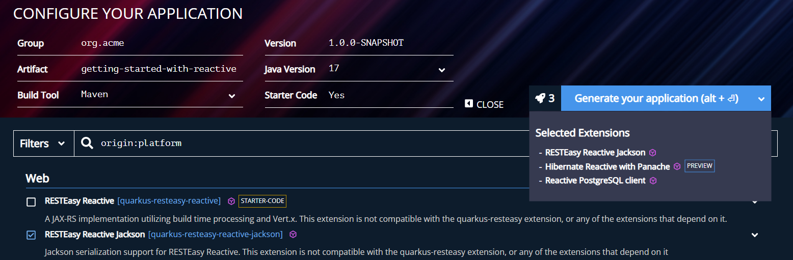Extensions to select in https://code.quarkus.io